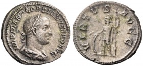 Gordian II, 1st – 22nd April 238. Denarius 238, AR 3.32 g. Laureate, draped and cuirassed bust r. Rev. Virtus standing l., resting r. hand on shield a...