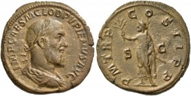 Pupienus, 22nd April – 29th July 238. Sestertius 238, Æ 21.69 g. Laureate, draped and cuirassed bust r. Rev. The Emperor, togate, standing l., holding...