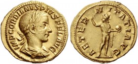 Gordian III, 238 – 244. Aureus 241-243, AV5.21 g. Laureate, draped and cuirassed bust r. Rev. Sol, radiate, standing facing, head l., raising r. hand ...
