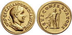 Gordian III, 238 – 244. Aureus July 238-July 239, AV 5.01 g. Laureate and draped bust r. Rev. Jupiter standing l., holding thunderbolt and sceptre; in...