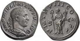 Philip I, 244 – 249. Sestertius 246, Æ 18.76 g. Laureate, draped and cuirassed bust r. Rev. Felicitas standing l., holding long caduceus and cornucopi...