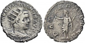 Pacatianus, 248-249. Antoninianus, Viminacium circa 248-249, AR 3.70 g. Radiate, draped and cuirassed bust r. Rev. Pax standing l., holding branch and...