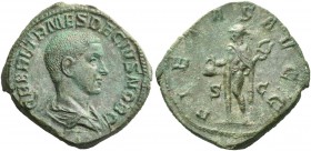 Herennius Etruscus caesar, 250 – 251. Sestertius 250-251, Æ 19.14 g. Draped and cuirassed bust r. Rev. Mercury standing l., holding purse in r. hand a...