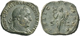 Valerian I, 253 – 260. Sestertius 255-256, Æ 18.42 g. Laureate and cuirassed bust r. with drapery on l. shoulder. Rev. Felicitas standing l., holding ...