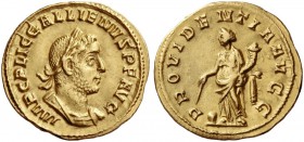 Gallienus, 253 – 268. Aureus 256-257, AV 2.92 g. Laureate and cuirassed bust r. Rev. Providentia standing l., holding staff and cornucopiae. C –. RIC ...