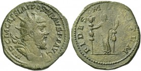 Postumus, 260 – 269. Double sestertius, Lugdunum 261, Æ 21.22 g. Radiate and draped bust r. Rev. Fides standing l. holding two ensigns. C 74. RIC 123....