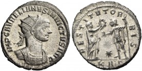 Aurelianus, 270 – 275. Antoninianus, Serdica 274, billon 3.04 g. Radiate and cuirassed bust r. Rev. Female figure standing r., presenting wreath to Em...