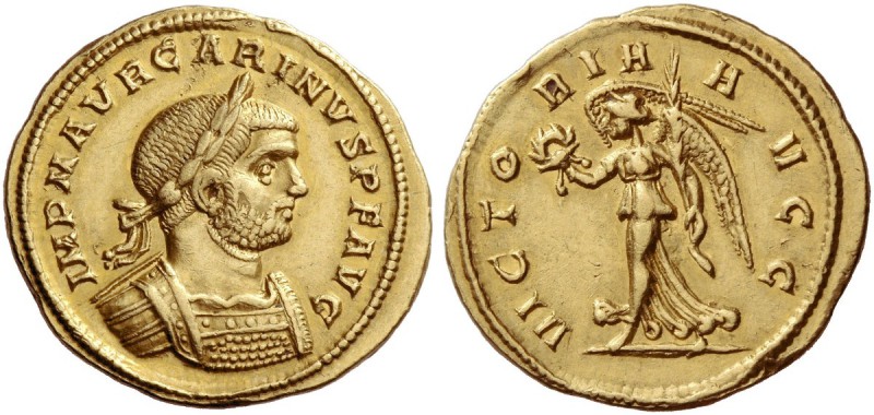 Carinus augustus, 283 – 285. Aurues, Ticinum 283-285, AV 5.32 g. Laureate and cu...