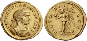 Carinus augustus, 283 – 285. Aurues, Ticinum 283-285, AV 5.32 g. Laureate and cuirassed bust r. Rev. Victory standing l., holding wreath and palm bran...