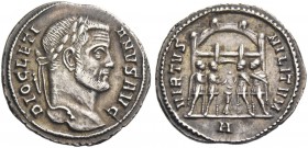 Diocletian, 284 – 305. Argenteus, circa 295-297, AR 3.10 g. Laureate head r. Rev. Turreted camp gate with the four tetrarchs swearing over tripod. C 5...