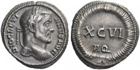 Diocletian, 284 – 305. Argenteus, Aquileia circa 300, AR 3.63 g. Laureate head r. Rev. XCVI / AQ within wreath. C 548. RIC 16a.
Old cabinet tone and ...