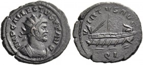 Allectus, 293 – 297. Quinarius, Londinium circa 293-296, Æ 3.08 g. Radiate and cuirassed bust r. Rev. Galley l. C 81. RIC 55.
Good extremely fine

...
