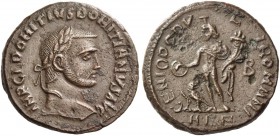 Domitius Domitianus, 295 – 296. Follis, Alexandria 295-296, Æ 9.95 g. Laureate head r. Rev. Genius standing l., with modius on head and naked but for ...