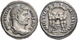 Maximianus Herculeus, 286 – 305. Argenteus, Sisca 294-295, AR 2.86 g. Laureate head r. Rev. Eight-turreted camp gate with the four tetrarchs swearing ...
