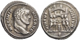 Maximianus Herculeus, 286 – 305. Argenteus 295-297, AR 2.91 g. Laureate head r. Rev. Six-turreted camp gate with the four tetrarchs swearing above tri...