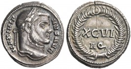 Maximianus Herculeus, 286 – 305. Argenteus, Aquileia 300, AR 3.47 g. Laureate head r. Rev. XVI / AQ within wreath. C 697. RIC 28b.
Very rare. Wonderf...