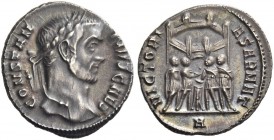 Constantius Chlorus caesar, 293 – 305. Argenteus, circa 295-297, AR 2.65 g. Laureate head r. Rev. Turreted camp gate with the four tetrarchs swearing ...