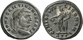 Constantius Chlorus caesar, 293 – 305. Follis, Ticinum circa 298-299, Æ 8.94 g. Laureate head r. Rev. Genius standing l., with modius on head and nake...