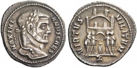 Galerius Maximianus caesar, 293 – 305. Argenteus 295-297, AR 3.21 g. Laureate head r. Rev. Turreted camp gate with the four tetrarchs swearing over tr...