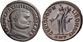 Galerius Maximianus caesar, 293 – 305. Follis, Antiochia 299-300, Æ 10.49 g. Laureate head r. Rev. Genius standing l., with modius on head and naked b...