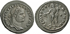 Severus II 306 – 307. Follis, Cyzicus circa 307, Æ 9.34 g. Laureate head r. Rev. Genius standing l., with modius on head, holding patera and cornucopi...