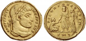 Constantine I augustus, 307 – 337. Solidus, Ticinum circa 324-325, AV 4.36 g. Laureate head r. Rev. Emperor in military dress, standing l., facing, ho...