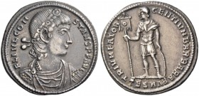 Constans, 337-350. Light miliarense, Thessalonica 340-350, AR 4.56 g. Diademed, draped and cuirassed bust r. Rev. Emperor standing l., holding standar...