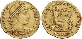 Constantius II, 337-361. Solidus, Antiochia 337-347, AV 4.37 g. Laureate, draped and cuirassed bust r. Rev. Victory seated r. on cuirass holding shiel...