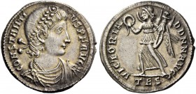 Constantius II, 337-361. Siliqua, Thessalonica, 340-350, AR 3.13 g Diademed, draped, and cuirassed bust r. Rev. Victory advancing l., holding wreath a...