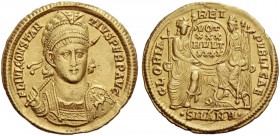 Constantius II, 337-361. Solidus, Antiochia 347–355, AV 4.52 g. Diademed, draped and cuirassed bust facing, holding spear in r. hand and ornamented sh...