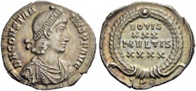 Constantius II, 337-361. Siliqua, Constantinopolis 351-355, AR 3.24 g. Pearl-diademed, draped and cuirassed bust r. Rev. VOTIS / XXX / MVLTIS / XXXX w...