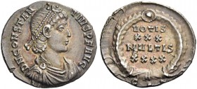 Constantius II, 337-361. Siliqua, Constantinopolis 355-361, AR 2.21 g. Pearl-diademed, draped, and cuirassed bust r. Rev. VOTIS/XXX/MVLTIS/XXXX in fou...