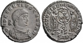 Decentius, caesar 351 – 353. Æ2, Arles 351, Æ 5.11 g. Bare-headed and cuirassed bust r. Rev. Two Victories standing facing each other, holding between...