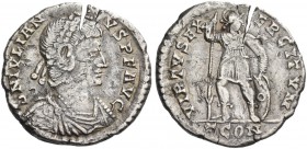 Julian II, augustus 360 – 363. Light miliarense, Arles 360-363, AR 4.54 g. Diademed, draped and cuirassed bust r. Rev. Soldier standing facing, head r...