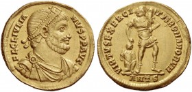 Julian II, augustus 360 – 363. Solidus, Antiochia 361-363, AV 4.42 g. Pearl-diademed, draped and cuirassed bust r. Rev. Soldier, helmeted, standing r....