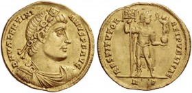 Valentinian I, 364 – 375. Solidus 364-367, AV 4.34 g. Pearl-diademed, draped and cuirassed bust r. Rev. Emperor standing facing, head r., holding laba...