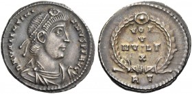 Valentinian I, 364 – 375. Siliqua 364-367, AR 2.46 g. Diademed, draped and cuirassed bust r. Rev. VOT/V/MVLT/X in four lines within wreath. C 70. RIC ...