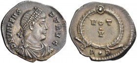 Valens, 364 – 378. Siliqua, Constantinople 364-367, AR 2.12 g. Rosette-diademed, draped and cuirassed bust r. Rev. VOT V within wreath. C 88. RIC 13b....