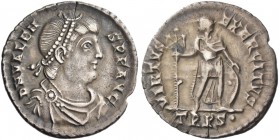 Valens, 364 – 378. Light miliarense, Treveri 375-378, AR4.36 g. Pear-diademed, draped and cuirassed bust r. Rev. Emperor standing facing, head l., hol...