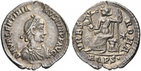 Valentinian II, 375 – 392. Siliqua, Aquileia 375-378, AR 2.03 g. Pearl-diademed, draped and cuirassed bust r. Rev. Roma seated l. on cuirass, holding ...