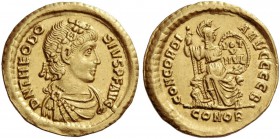 Theodosius I, 379 – 395. Solidus, Constantinople 383-385, AV 4.46 g. Rosette-diademed, draped and cuirassed bust r. Rev. Constantinopolis seated facin...