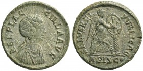 Aelia Flaccilla, wife of Theodosius I. Æ2, Siscia 378-383, Æ 5.04 g. Draped bust r. Rev. Victory seated r. on throne, writing Christogram on shield he...