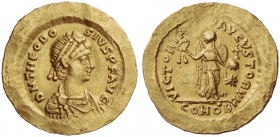 Theodosius II, 402 – 450. Tremissis, Constantinople 402-450, AV 1.39 g. Pearl-diademed, draped and cuirassed bust r. Rev. Victory standing facing, hea...