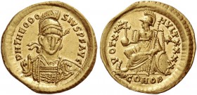 Theodosius II, 402 – 450. Solidus, Constantinopolis 430-440, AV 4.35 g. Helmeted, pearl-diademed and cuirassed bust facing three-quarters r., holding ...