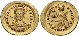 Theodosius II, 402 – 450. Solidus, Constantinople 441-450, AV 4.47 g. Helmeted, pearl-diademed and cuirassed bust three-quarters facing, holding spear...