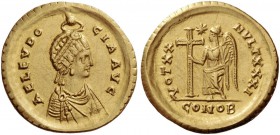 Aelia Eudocia, wife of Theodosius II. Solidus, Constantinople circa 423, AV 4.50 g. Pearl-diademed and draped bust r., wearing earring and necklace, c...