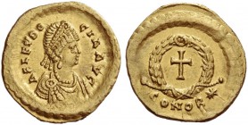 Aelia Eudocia, wife of Theodosius II. Tremissis, Constantinople 423-442, AV 1.50 g. Pearl-diademed and draped bust r., wearing pearl necklace. Rev. Cr...
