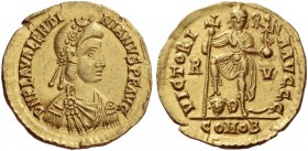 Valentinian III, 425 – 455. Solidus, Ravenna 430-445, AV 4.42 g. Rosette-diademed, draped and cuirassed bust r. Rev. Emperor standing facing, holding ...