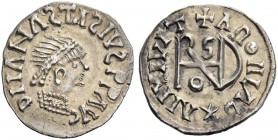 The Gepids. Pseudo-Imperial Coinage. In the name of Anastasius, 491-518. Quarter siliqua, Sirmium circa 518-540, AR 0.77 g. Pearl-diademed, draped and...