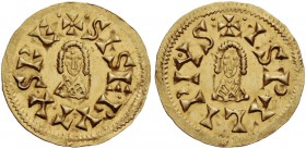 The Visigoths. Sisebut, 612-621.Tremissis, Ispalis 612-621, AV 1,50 g. Mantled bust facing. Rev. Mantled bust facing. CNV 219.8. Miles 187c.
Well str...